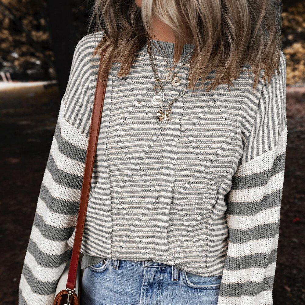 B013 Gray Stripe Geometric Textured Drop Shoulder Sweater